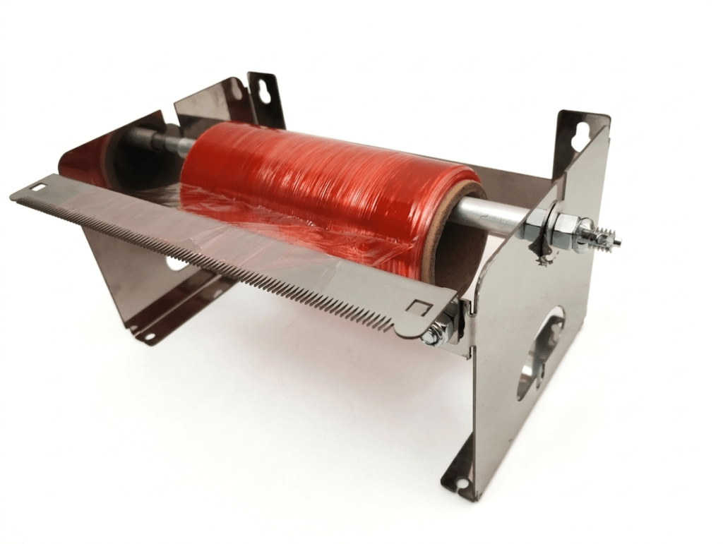 dispensador en acero inoxidable para rollo de pelicula plastica extensible stretch film vinipel para empaque de alimentos y productos en general